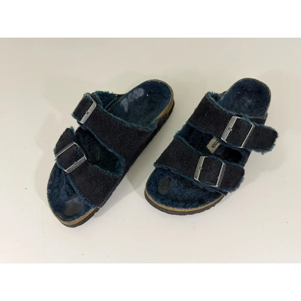 Birkenstock US 8-8.5 EU 39 Arizona Shearling Fur Lined Sandals Navy Blue Narrow